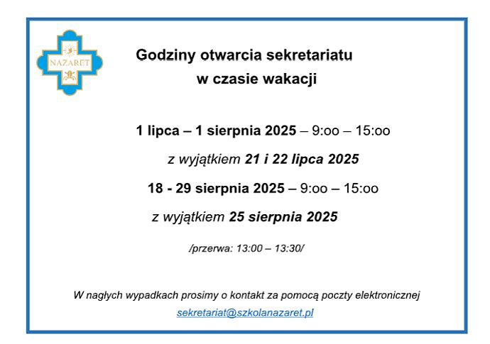 Godziny otwarcia sekretariatu na czas wakacji 2025