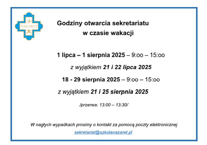 Godziny otwarcia sekretariatu na czas wakacji 2025