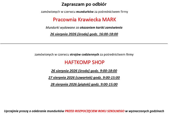 Odbiór mundurków - sierpień 2026